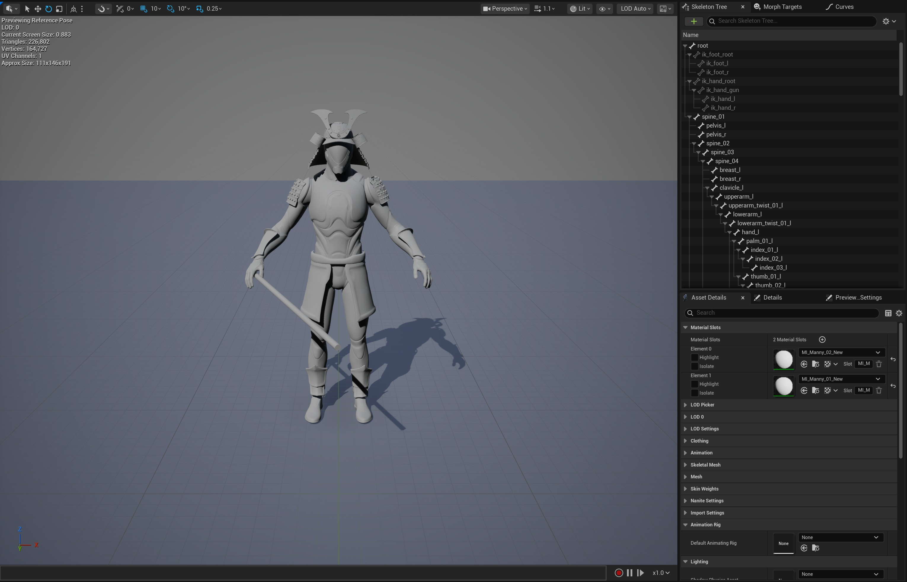 Exported RigBridge character loaded in Unreal Engine 5 skeletal mesh viewer with clean hierarchy