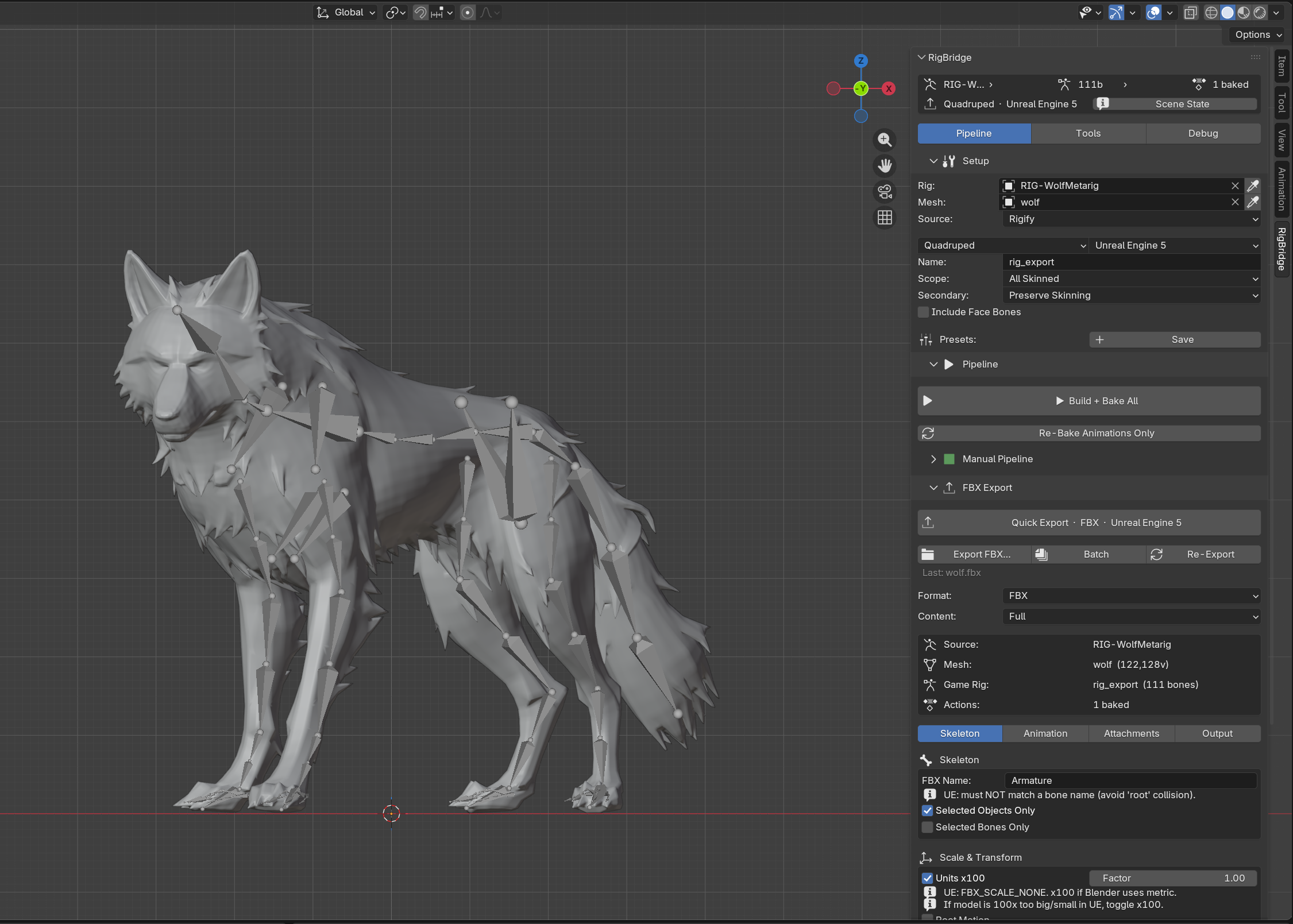 Wolf model with Rigify Quadruped rig exported through RigBridge to Unreal Engine 5