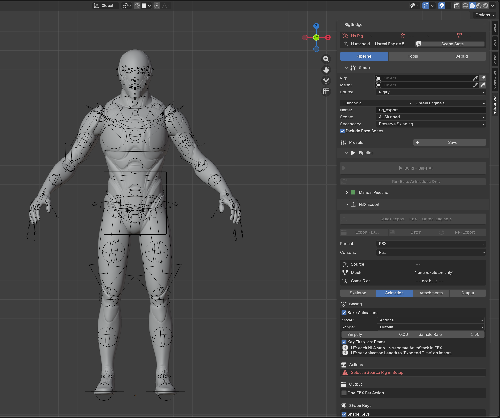 RigBridge Pipeline tab with Setup fields, Humanoid Unreal Engine 5 profile, and Build + Bake All controls